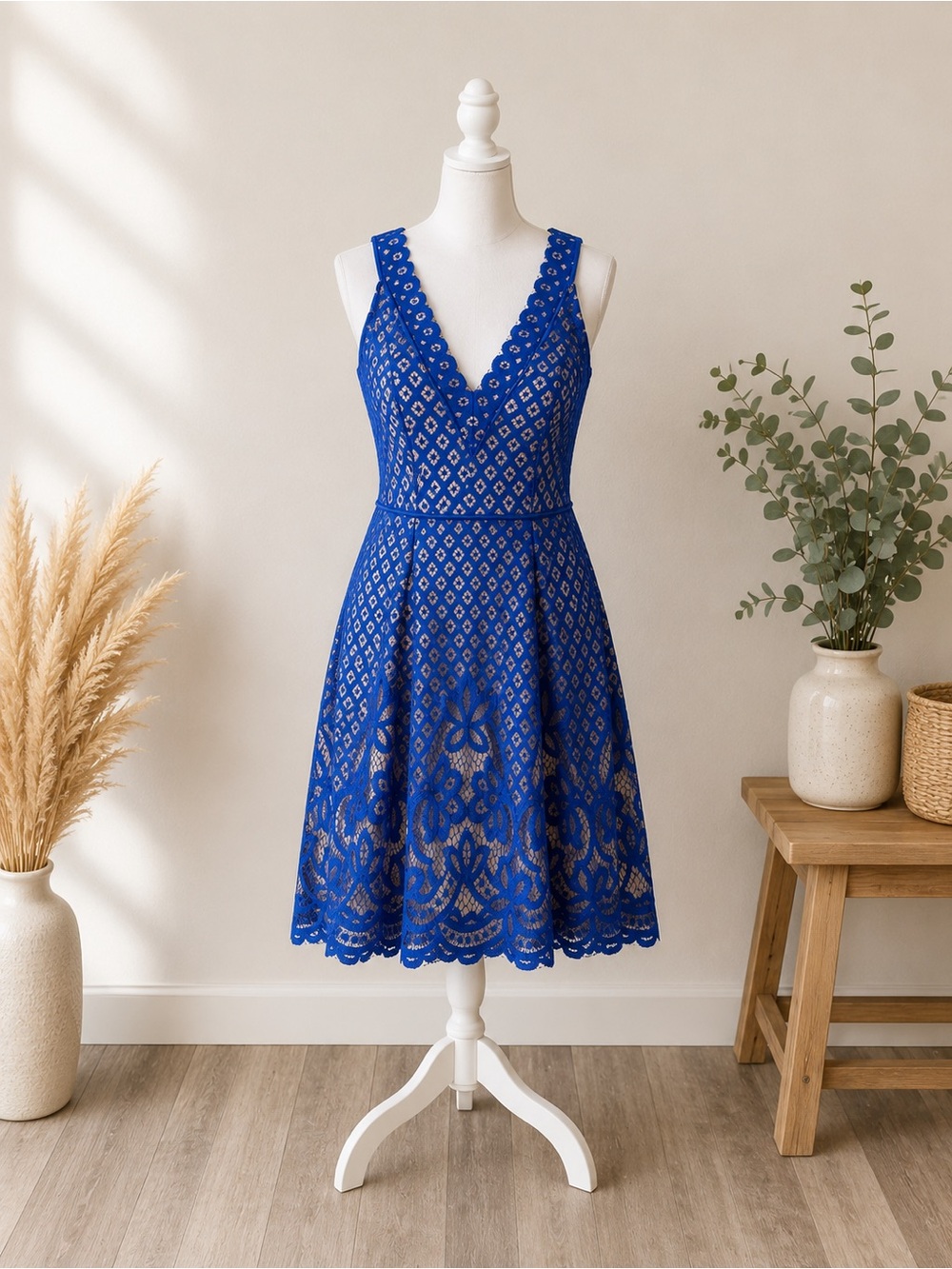 Adrianna Papell Size 12 Royal Blue Lace Fit-and-Flare Midi Dress - Picture 1 of 4